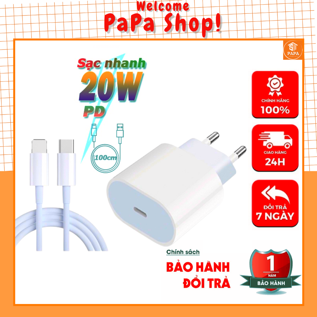 Bộ sạc siêu nhanh dành cho điện thoại Ip 11/12/13/14/plus/pro/promax (Củ PD 20W + Cáp Type-C) [PAPA]