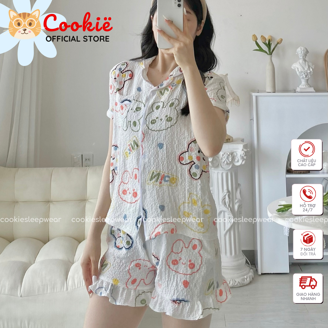 Bộ Ngủ Mặc Nhà, Đồ Ngủ Pyjama Nữ, Quần Áo Ngủ Nữ, Xô Xốp Musilin Cookie Cao Cấp Hai Dây Quần Cộc PC Hàn Quốc PYJSHO0907