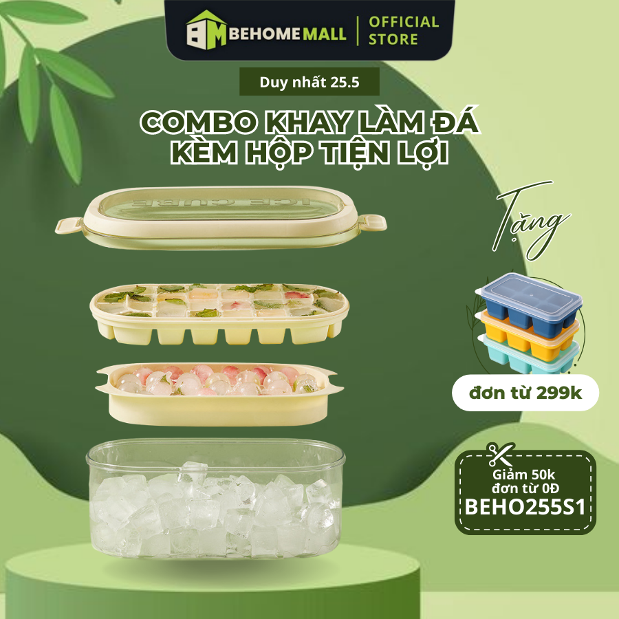 Khay làm đá viên 2 tầng BEHOMEMALL khay đá tròn đá vuông dung tích lớn có nắp đậy kèm xẻng xúc và hộp đựng thông minh