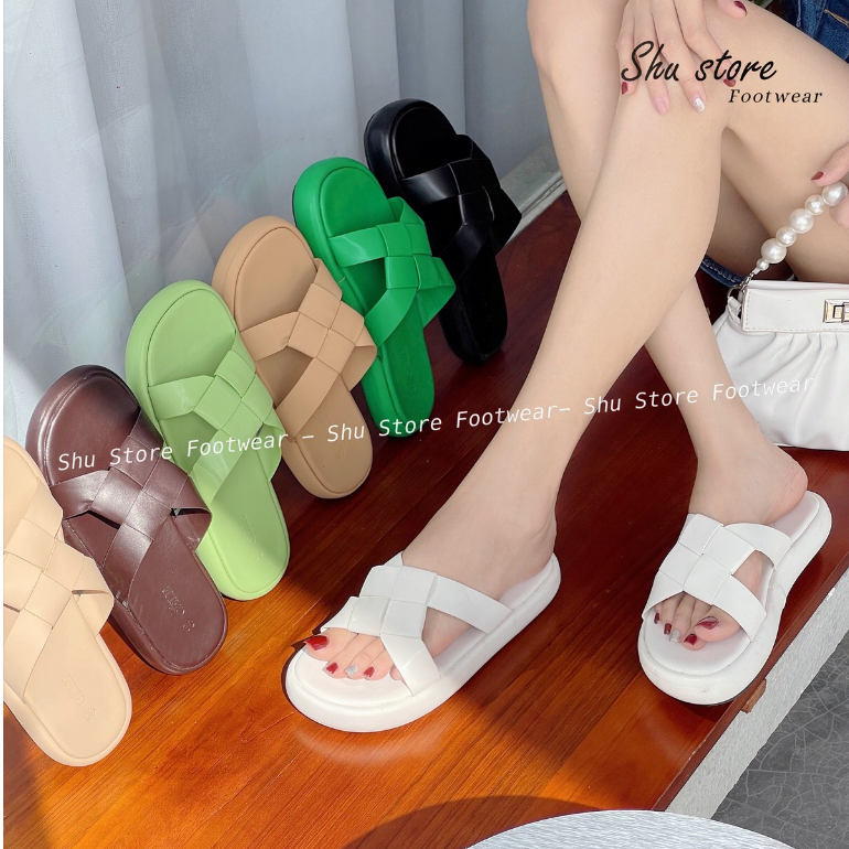 Shu Store | Dép Đế Bằng Quai Đan Ô Vuông chéo Phong Cách Năng động Trẻ Trung