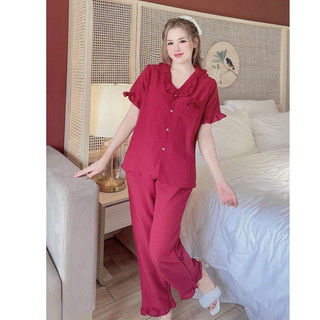 Bộ pyjama, bộ đồ mặc ở nhà cổ vest bèo chất xốp trơn màu siêu xinh