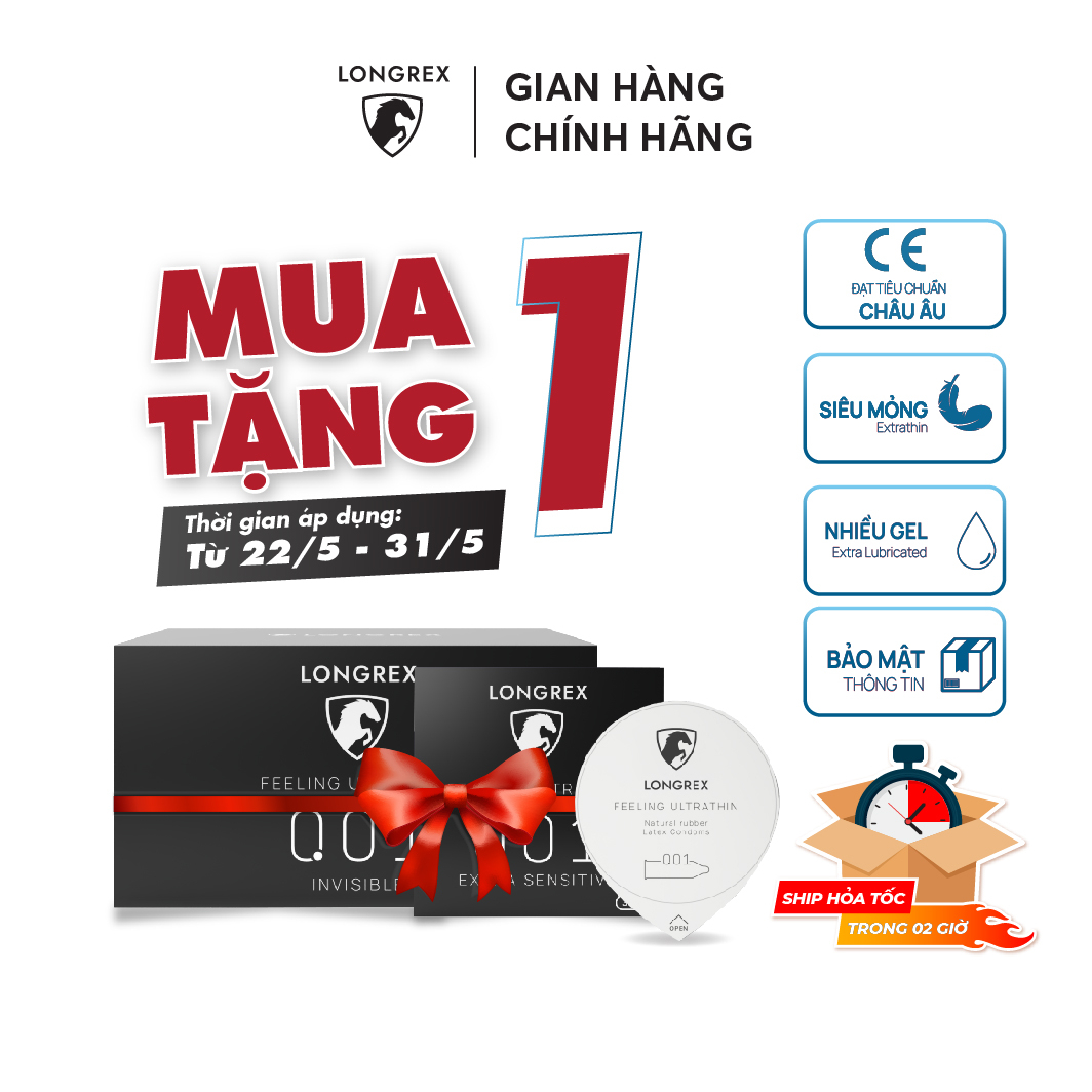 Bao cao su Longrex Invisible siêu mỏng, nhiều gel bôi trơn, size 52mm, chất cao su an toàn hộp 10 bcs LR02