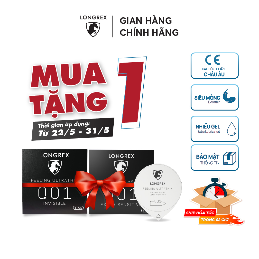 Bao cao su Longrex siêu mỏng Invisible, nhiều gel bôi trơn, size 52mm, hương vani chất lượng cao cấp hộp 3 bcs LR03