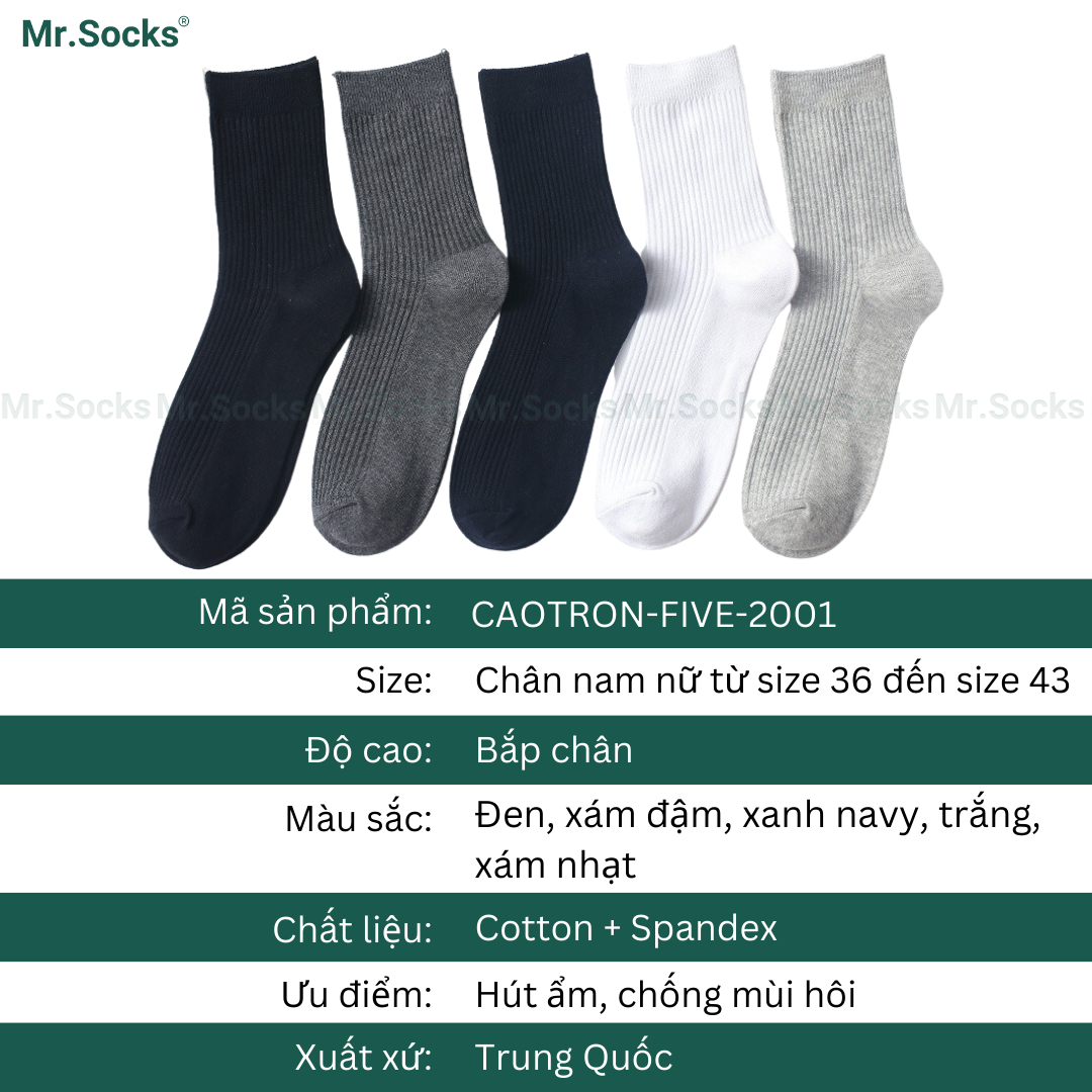 Tất cổ cao nam nữ Mr.Socks trơn gân chìm, chất liệu cotton mềm mại thấm hút thoáng khí - CAOTRON-FIVE-2001-1DOI
