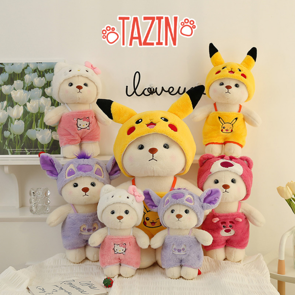 Gấu Bông Lena Đội Mũ Đeo Yếm Cosplay Gấu Dâu Lotso, Stitch, Pikachu Dễ Thương Quần Áo Có Thể Tháo Dời Tazin