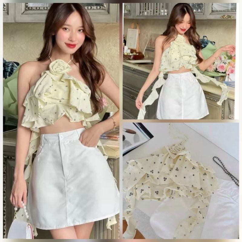 Áo Kiểu Cổ Yếm Phối Tầng Tua Rua Họa Tiết Hoa