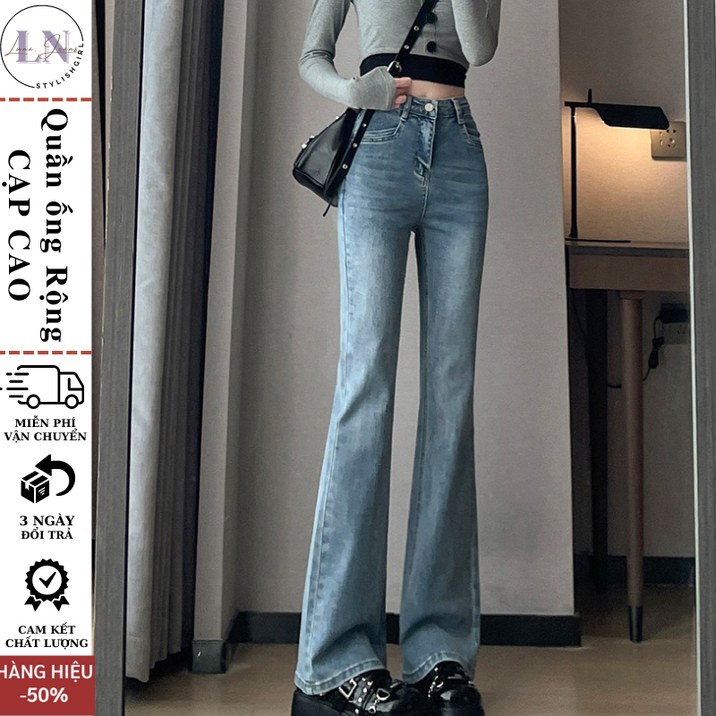 Quần jeans nữ ống loe co giãn, quần bò jean nữ ống đứng rộng suông CẠP CAO cao cấp Hottrend 2023 LUNA T023