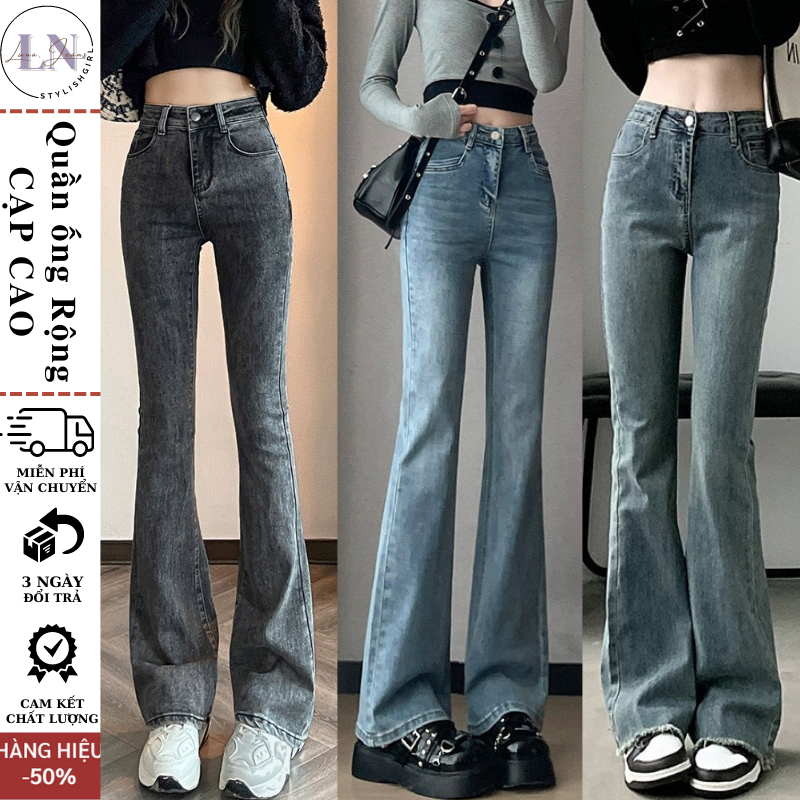 Quần jeans nữ ống loe co giãn, quần bò jean nữ ống đứng rộng suông CẠP CAO cao cấp Hottrend 2023 LUNA T023