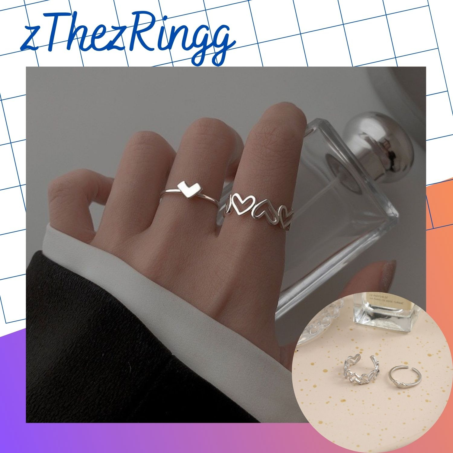 Set 2 Nhẫn Đeo Ngón Tay Mạ Bạc Hình Trái Tim Dễ Thương Cho Nữ N16