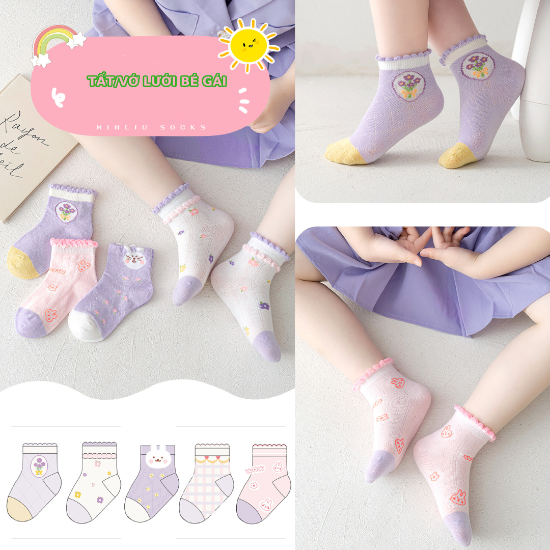 Set 5 Đôi Tất Lưới Thoáng Khí Dành Cho Bé Gái 1 Tuổi Đến 8 Tuổi Chất Cotton Mềm Mịn Hình Ngộ Nghĩnh Dễ Thương