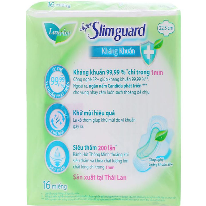 BVS Băng vệ sinh Laurier Super Slimguard Kháng Khuẩn Siêu siêu mỏng Có cánh - Gói lớn 16 miếng