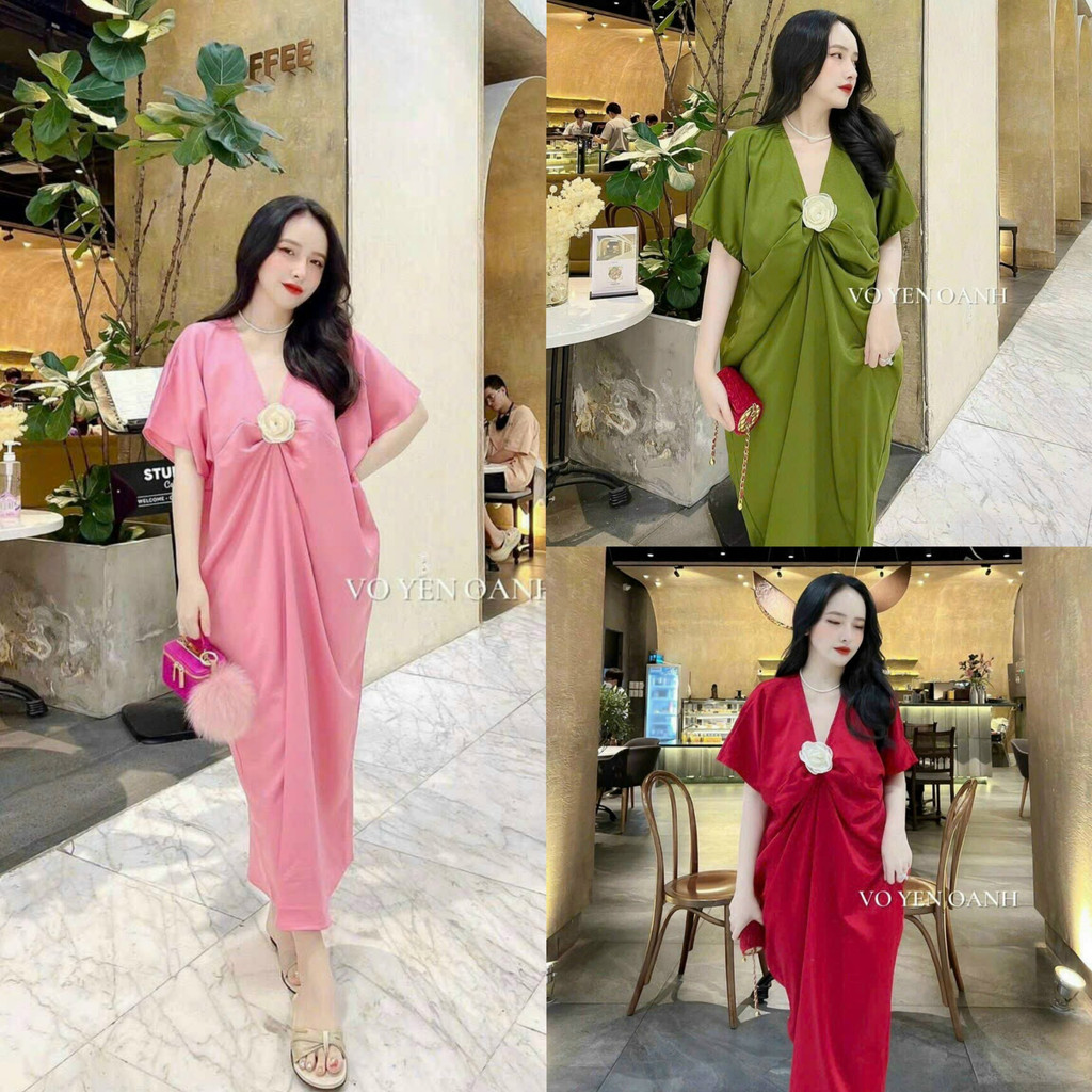 Đầm váy nữ dáng midi xoắn ngực đính hoa xinh xắn, đáng yêu phù hợp diện đi chơi, diện tiệc [658]