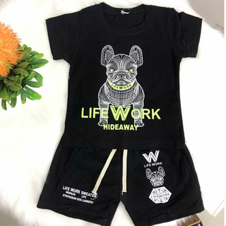 Bộ quần áo bé trai áo thun Life Work in hình chó phong cách thể thao cá tính, HHKids