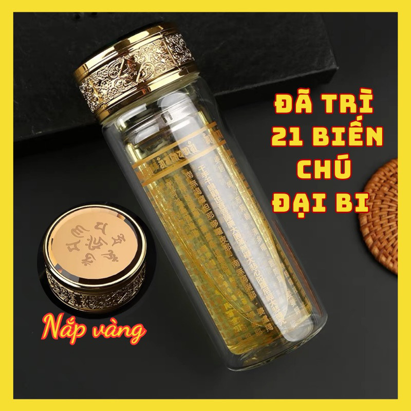 Bình nước Chú Đại Bi, Chú Dược Sư thủy tinh 2 lớp cách nhiệt 520ml