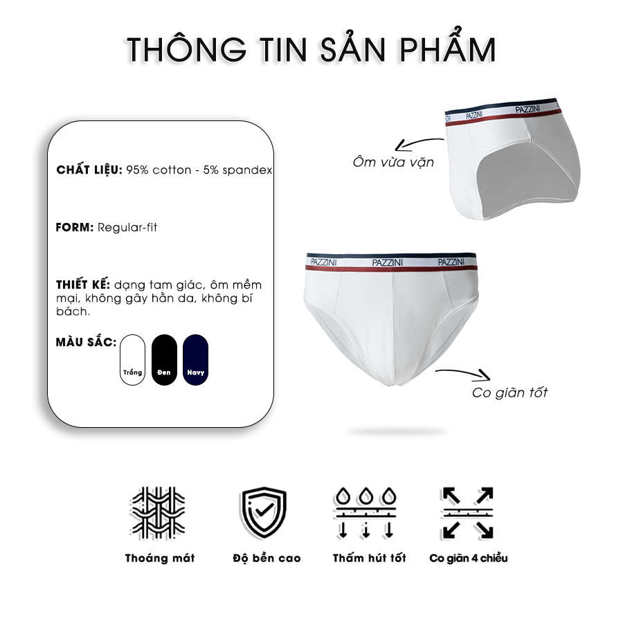 Quần lót nam tam giác PAZZINI thun cotton xuất xịn cao cấp, quần sịp nam co giãn 4 chiều, thấm hút kháng khuẩn - BF001.