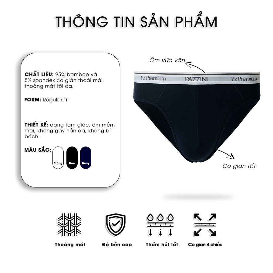 Combo 3 quần lót nam tam giác PAZZINI thun bamboo cao cấp, quần sịp nam co giãn 4 chiều, thấm hút kháng khuẩn BF003