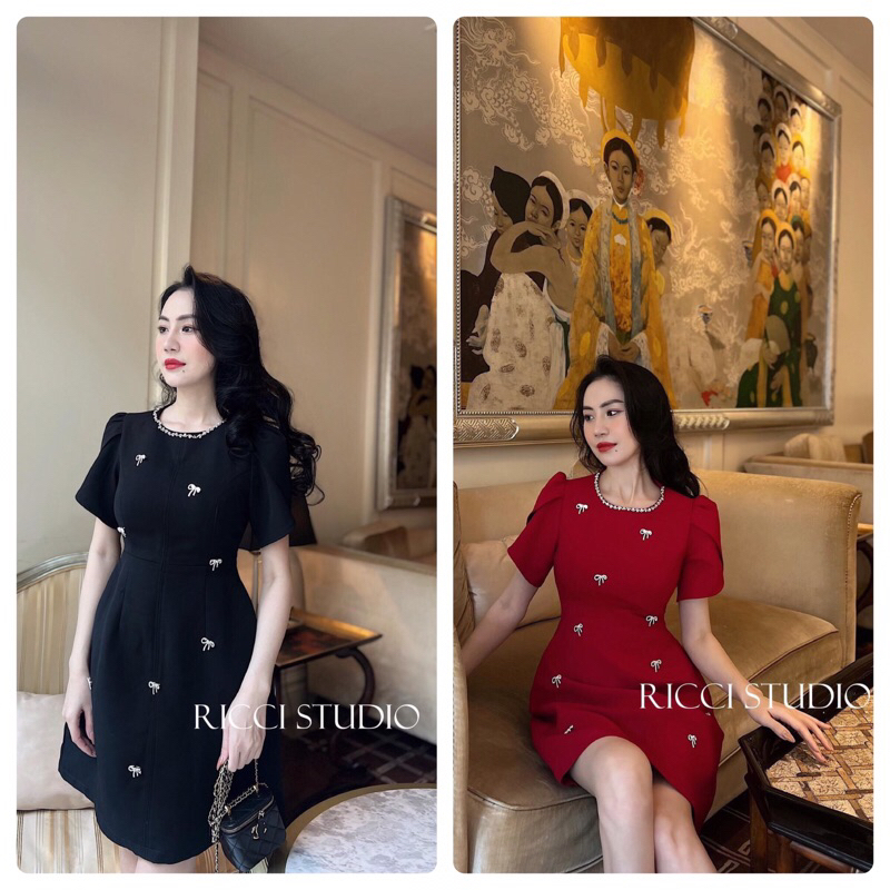 Đầm basic cổ tròn tay phồng trang trí nơ rời cute