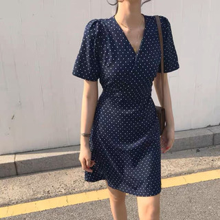 Đầm váy bi xanh cổ v thắt eo công sở
