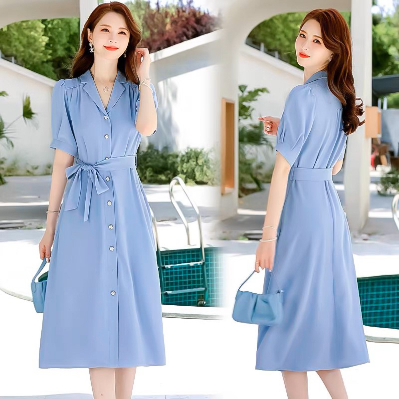 Đầm váy xanh biển dáng dàu thanh lịch thắt eo