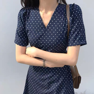 Đầm váy bi xanh cổ v thắt eo công sở