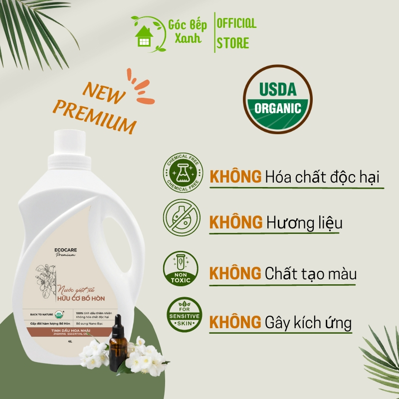 Nước Giặt Hữu Cơ An Toàn Cho Bé Sơ Sinh ECOCARE 500ml-2L-4L Bồ Hòn Lên Men Kết Hợp Tinh Dầu Hoa Nhài Thơm Mát Nhẹ Dịu