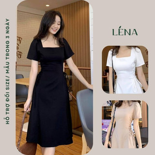 Váy cổ vuông dự tiệc dáng xòe tay phồng 2 lớp có dây rút eo - Đầm dài dự tiệc dáng xòe LENA trẻ trung xinh đẹp D2070