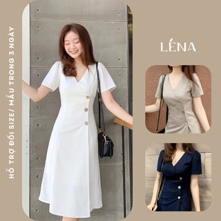 Đầm dự tiệc dáng xòe tay phồng cổ V nút gỗ - Váy nữ dự tiệc LENA trẻ trung xinh đẹp GM2068