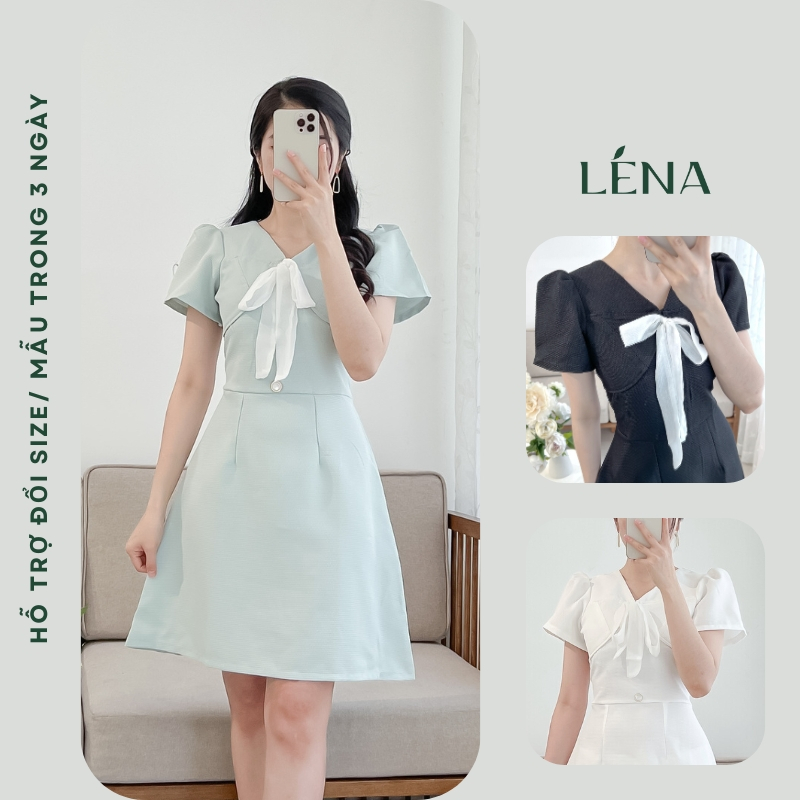 Đầm chữ A tay phồng cổ nơ LENA dự tiệc đi làm thanh lịch sang trọng - D2165