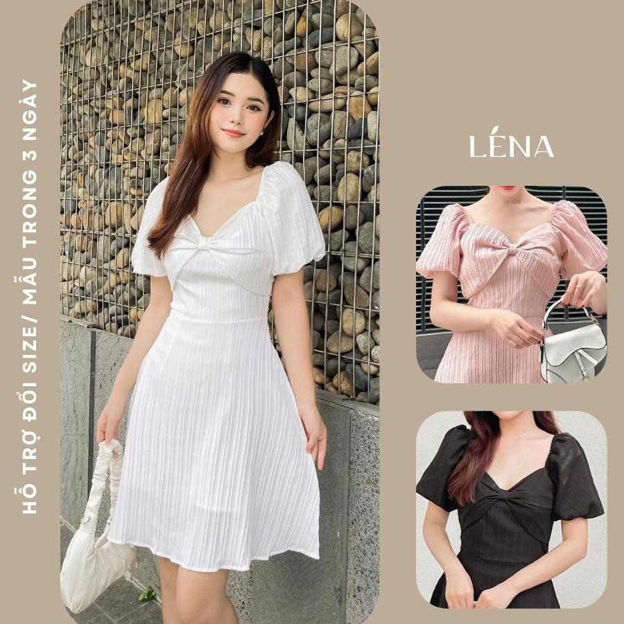 Đầm dáng a dự tiệc tay bồng 2 lớp nơ bản to tiểu thư LENA, sang trọng tôn dáng - D3023