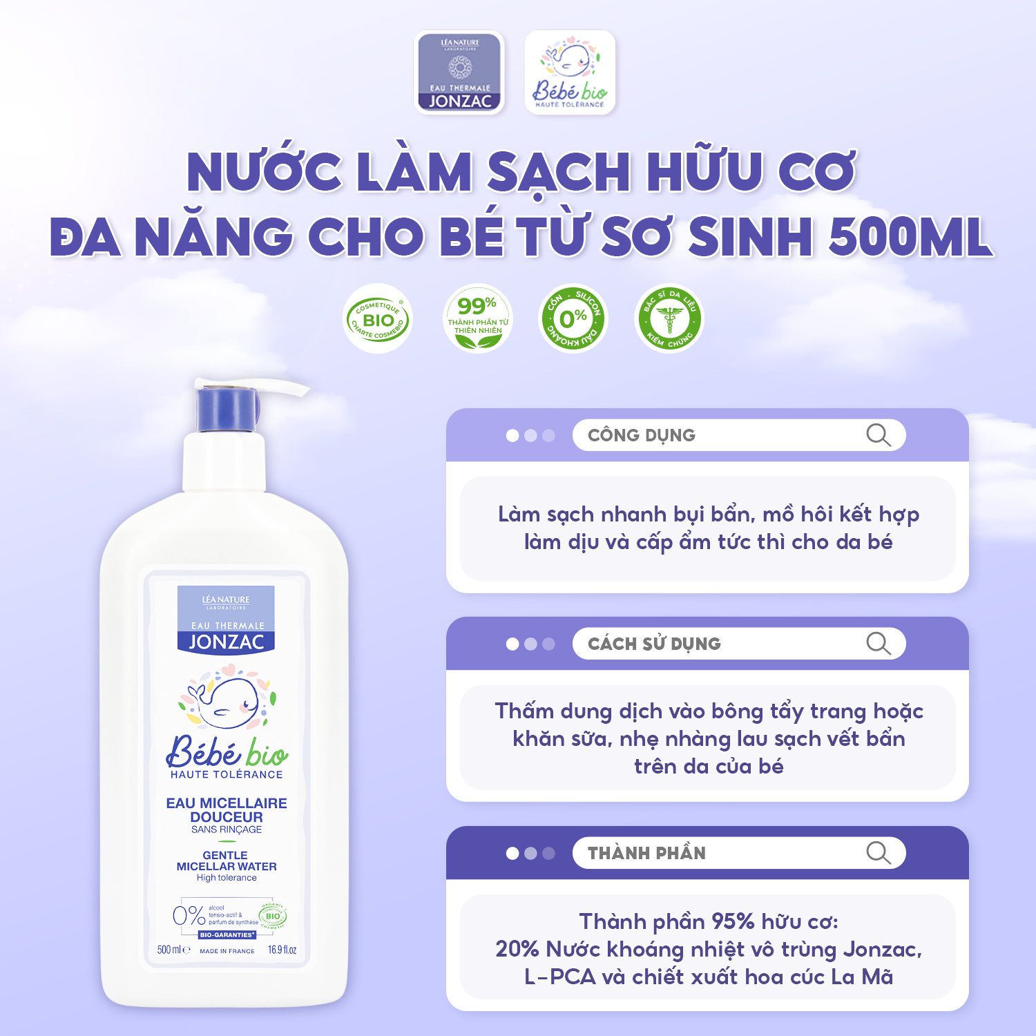 Sản Phẩm Hữu Cơ Làm Sạch & Nuôi Dưỡng Da Bé Eau Thermale Jonzac Bébé Bio 500ml