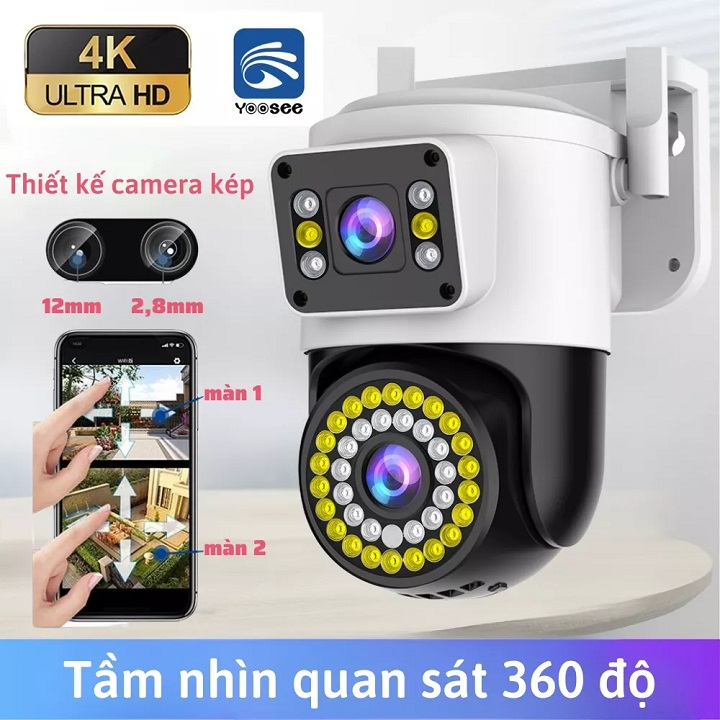 Camera ngoài trời yoosee Ptz 6.0M 2 mắt kép siêu nét, góc rộng, quay quét 360 độ, chịu nắng mưa, có màu ban đêm