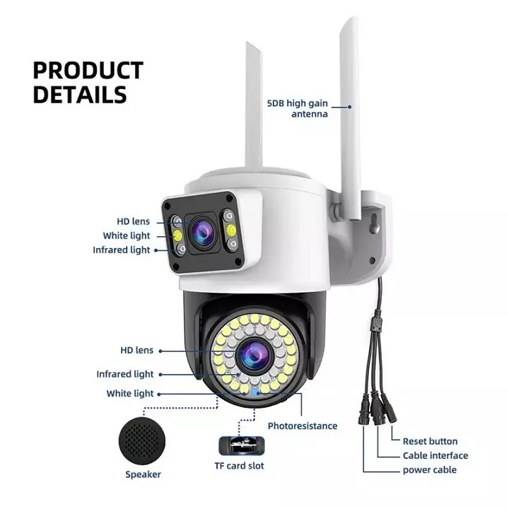 Camera ngoài trời yoosee Ptz 6.0M 2 mắt kép siêu nét, góc rộng, quay quét 360 độ, chịu nắng mưa, có màu ban đêm