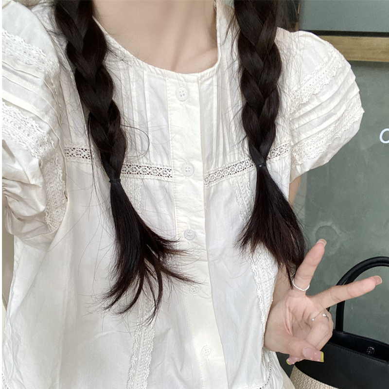 Sơ mi nữ kiểu tay ngắn bồng vintage trơn màu, áo sơ mi nữ thiết kế tay ngắn cổ tròn phong cách Hàn Quốc 1992