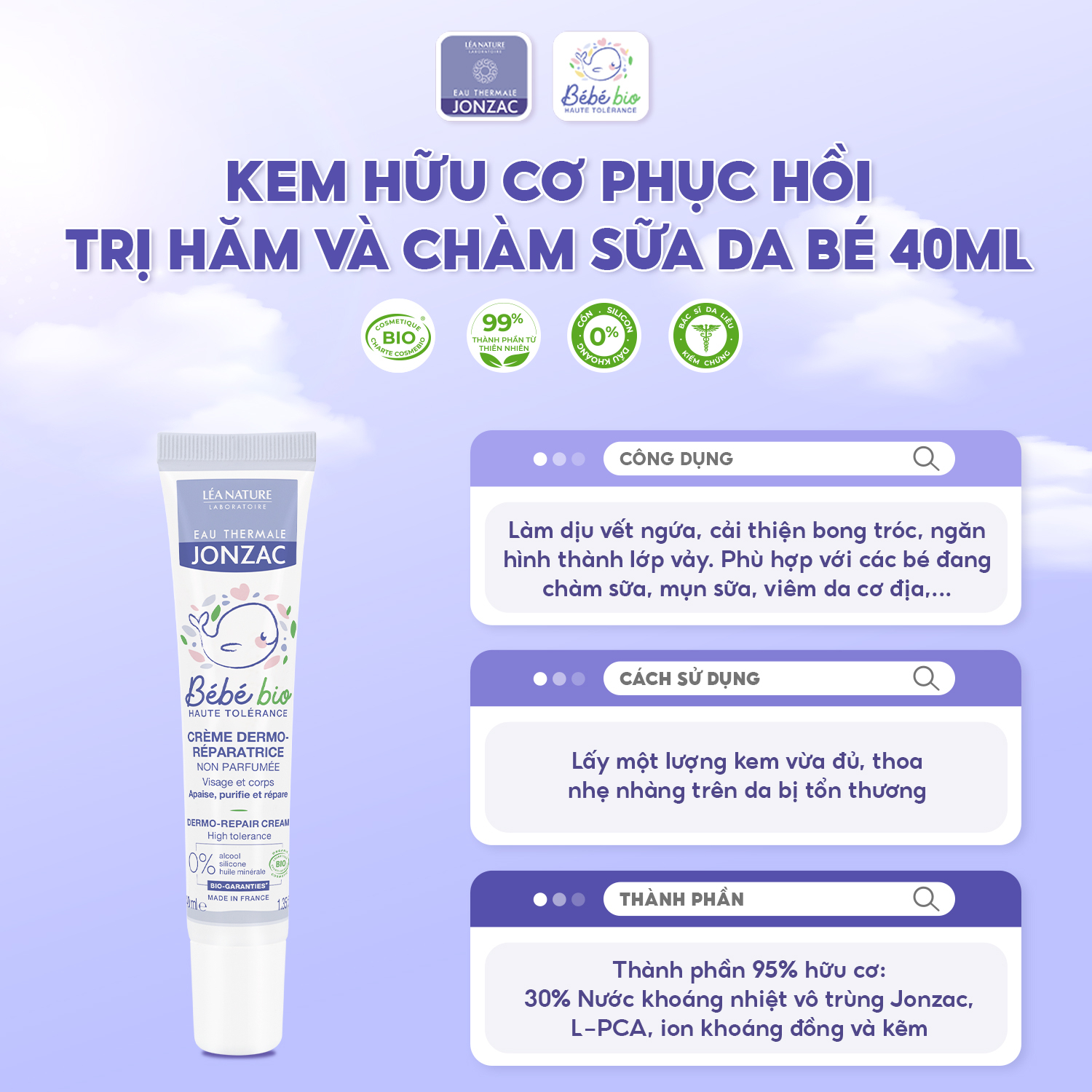 Kem Dưỡng Hữu Cơ Nuôi Dưỡng Da Dành Cho Bé Eau Thermale Jonzac Bébé Bio 40ml