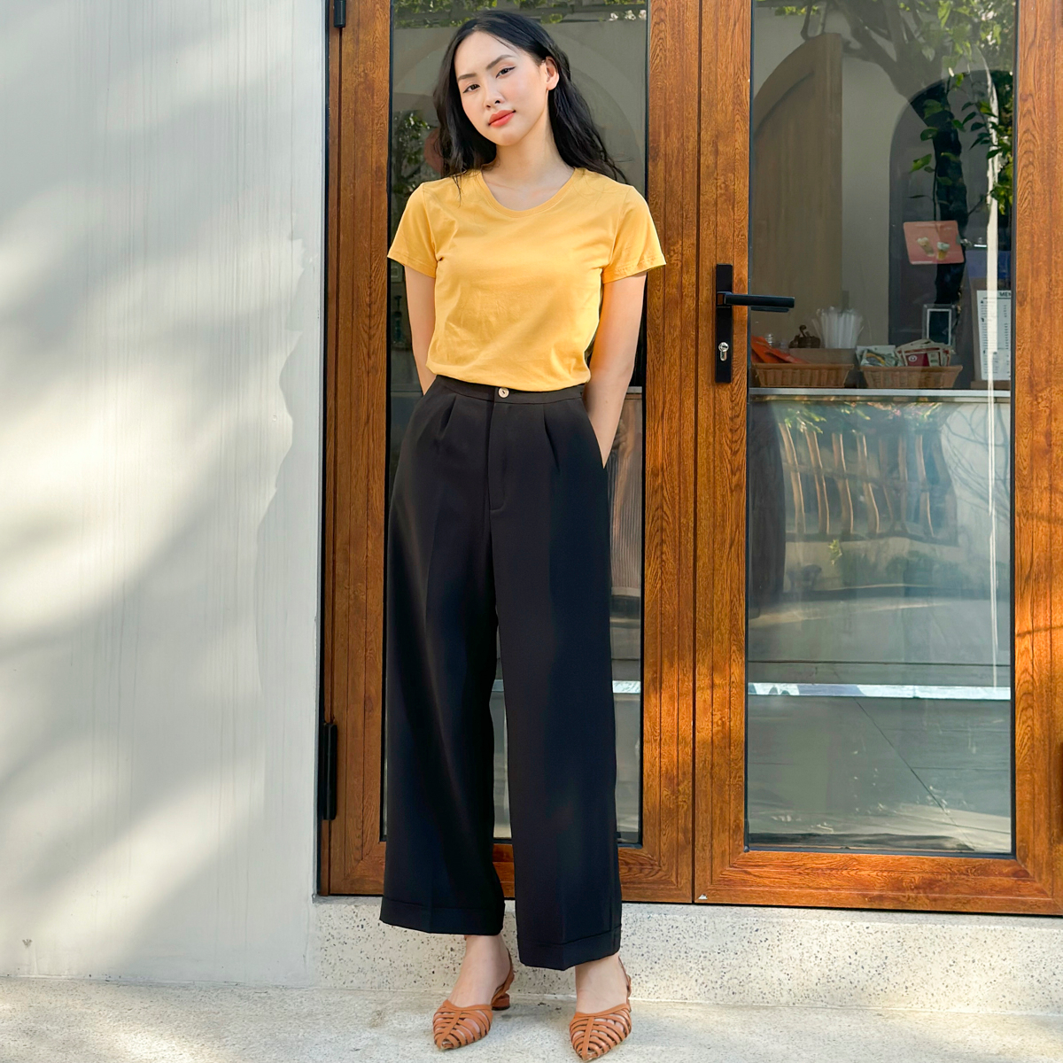 Quần tây âu nữ Cardigan thiết kế cạp cao ống rộng dáng ngắn gập gấu QA006