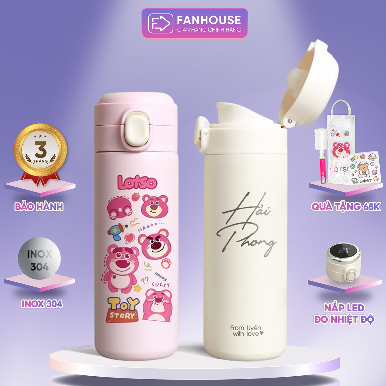 Bình giữ nhiệt Easy Cup Fan House dung tích 420ml, chất liệu inox 304, khắc tên theo yêu cầu, tặng kèm sticker và cọ rửa