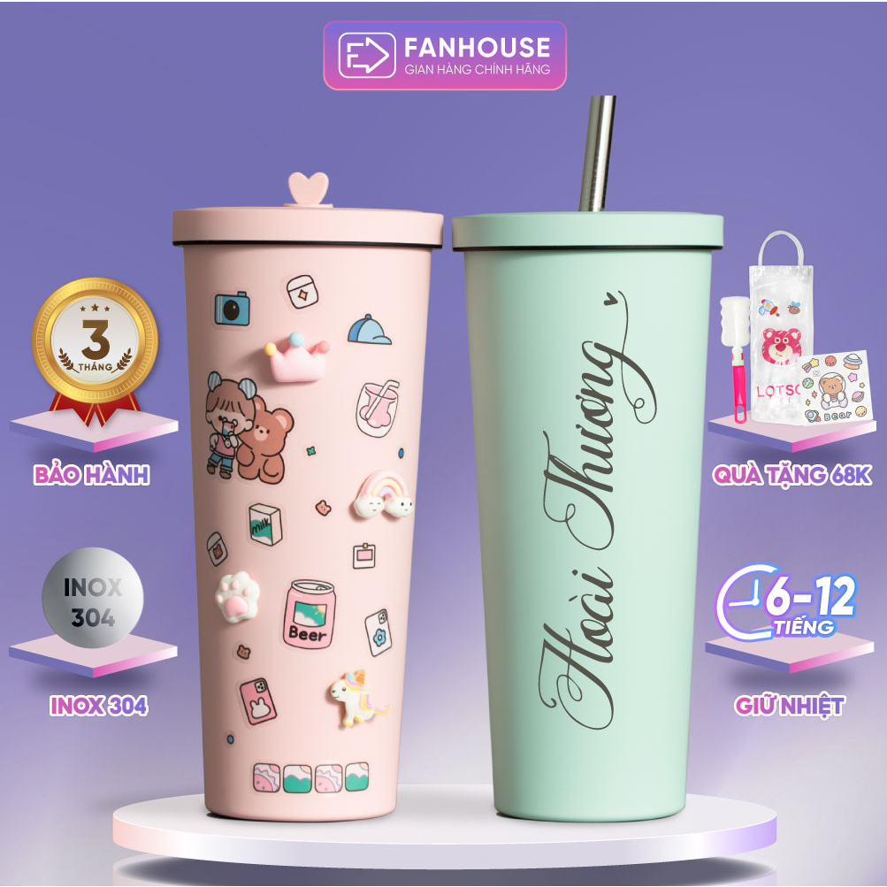 Bình giữ nhiệt cao cấp Pastel Fan House dung tích 800ml, chất liệu inox 304, khắc tên theo yêu cầu