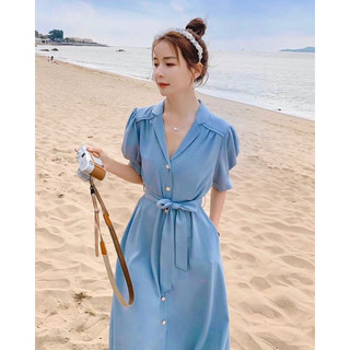Đầm váy xanh biển dáng dàu thanh lịch thắt eo