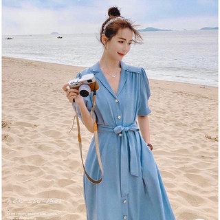 Đầm váy xanh biển dáng dàu thanh lịch thắt eo