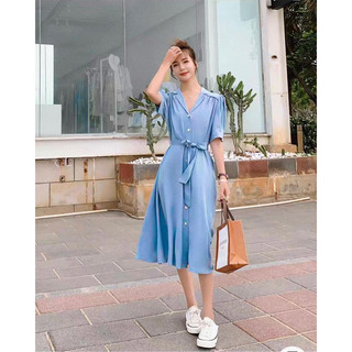 Đầm váy xanh biển dáng dàu thanh lịch thắt eo