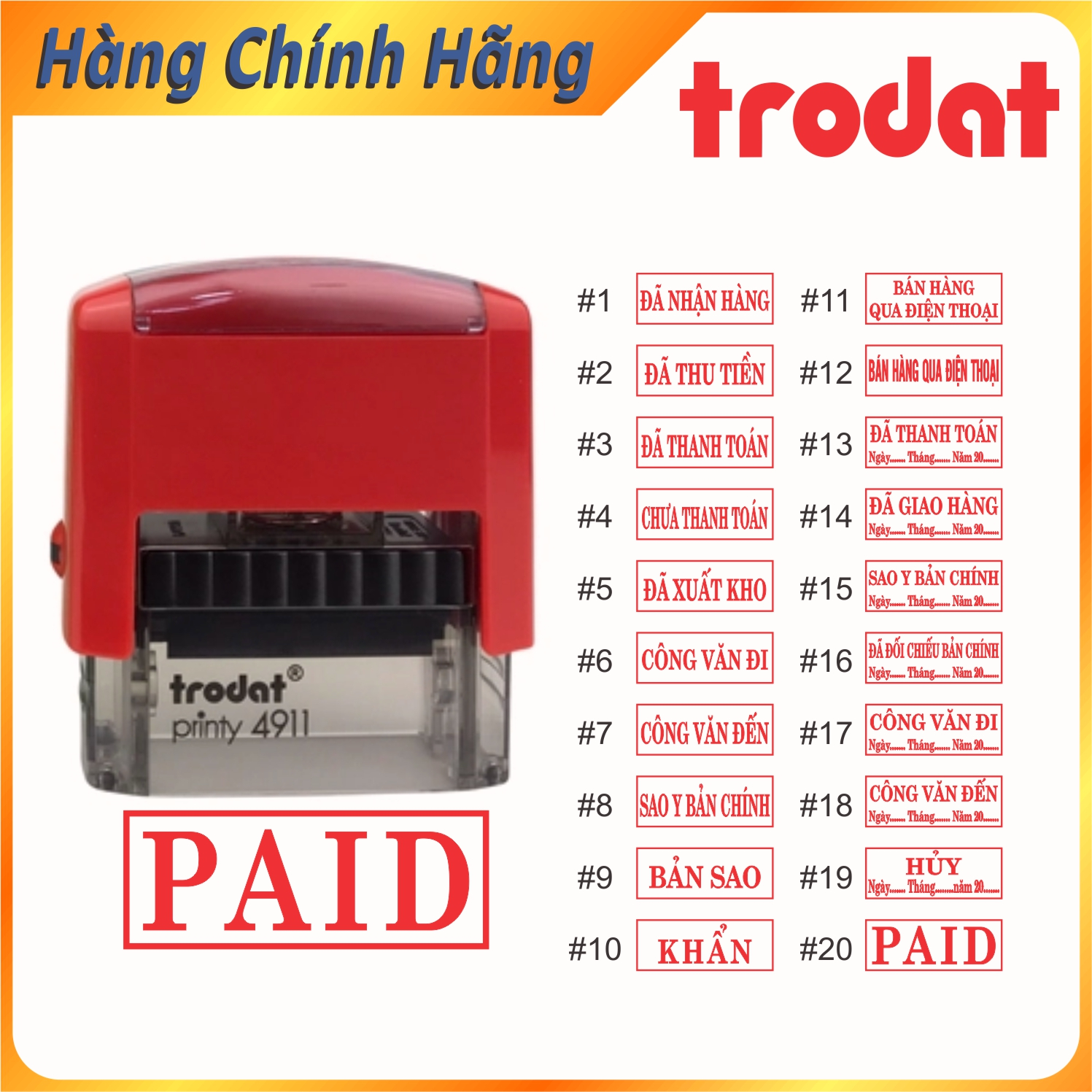 mẫu dấu ĐÃ THANH TOÁN, SAO Y BẢN CHÍNH....... các mẫu dấu phổ thông hiệu TRODAT giao hỏa tốc