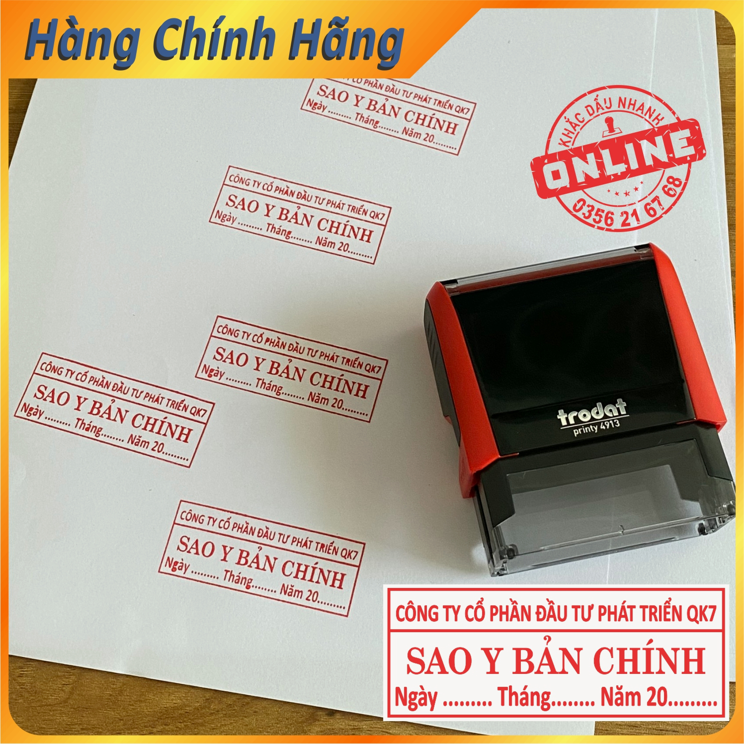 Dịch Vụ Khắc con dấu sắc nét SAO Y BẢN CHÍNH có thông tin công ty cơ sở và ngày tháng năm, dấu chính hãng trodat