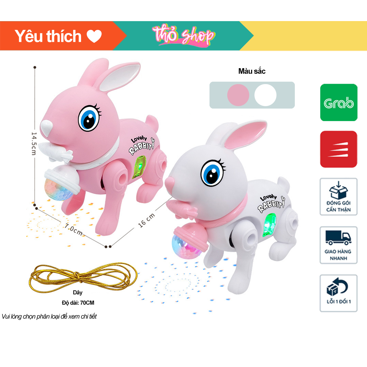 Đồ chơi giải trí thỏ biết đi có đèn nhạc kèm dây cho bé dắt đi dạo dành cho bé yêu thích động vật, thỏ con