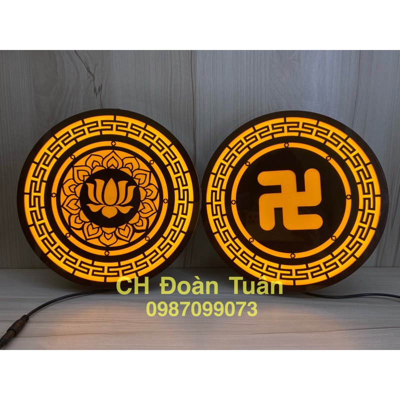 Đèn hào quang hoa văn gỗ hình hoa sen, hình chữ vạn - đèn gắn sau tượng