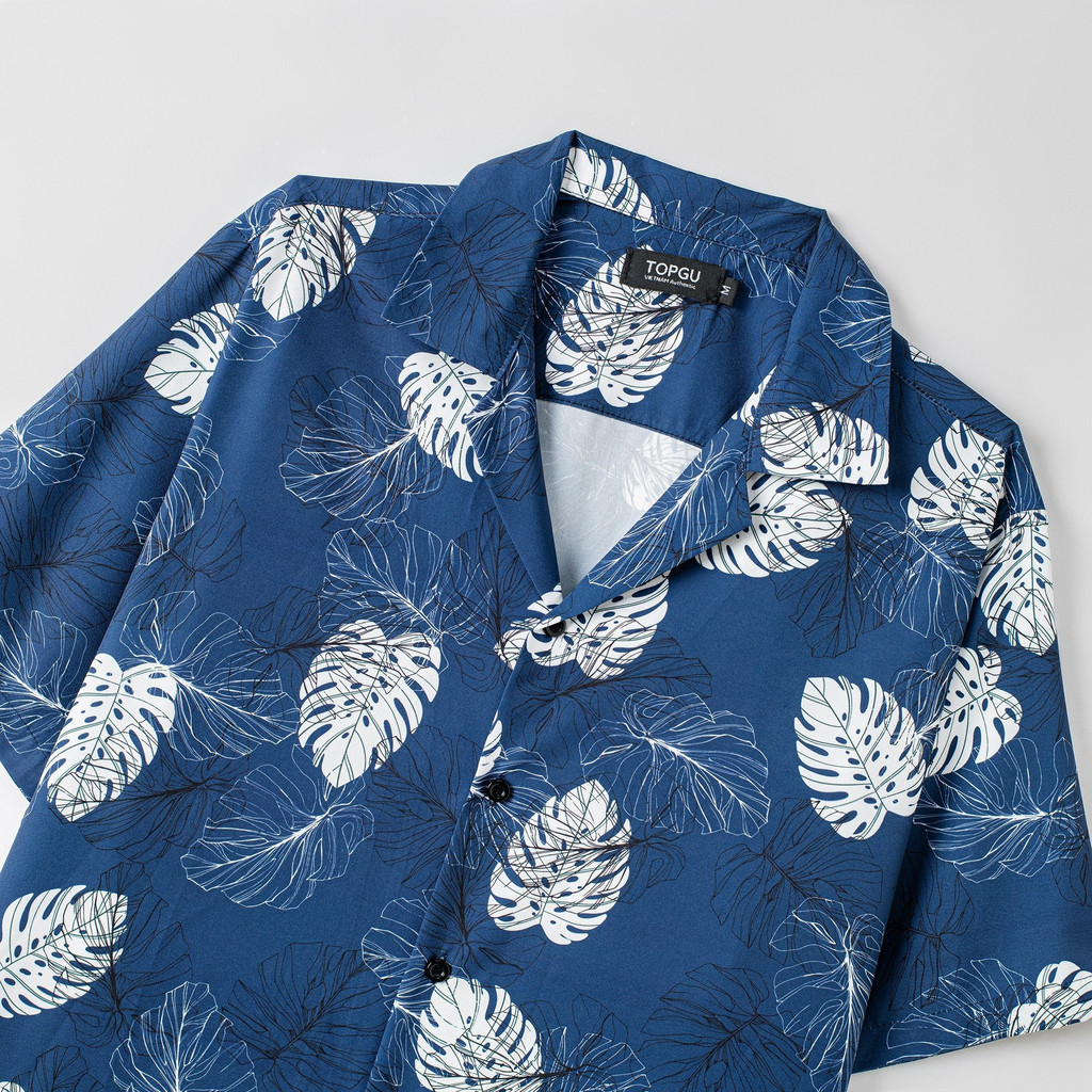 Áo sơ mi TOPGU navy họa tiết lá trắng, Áo sơ mi Cuban shirt vải lụa thoáng mát không nhăn, form regular