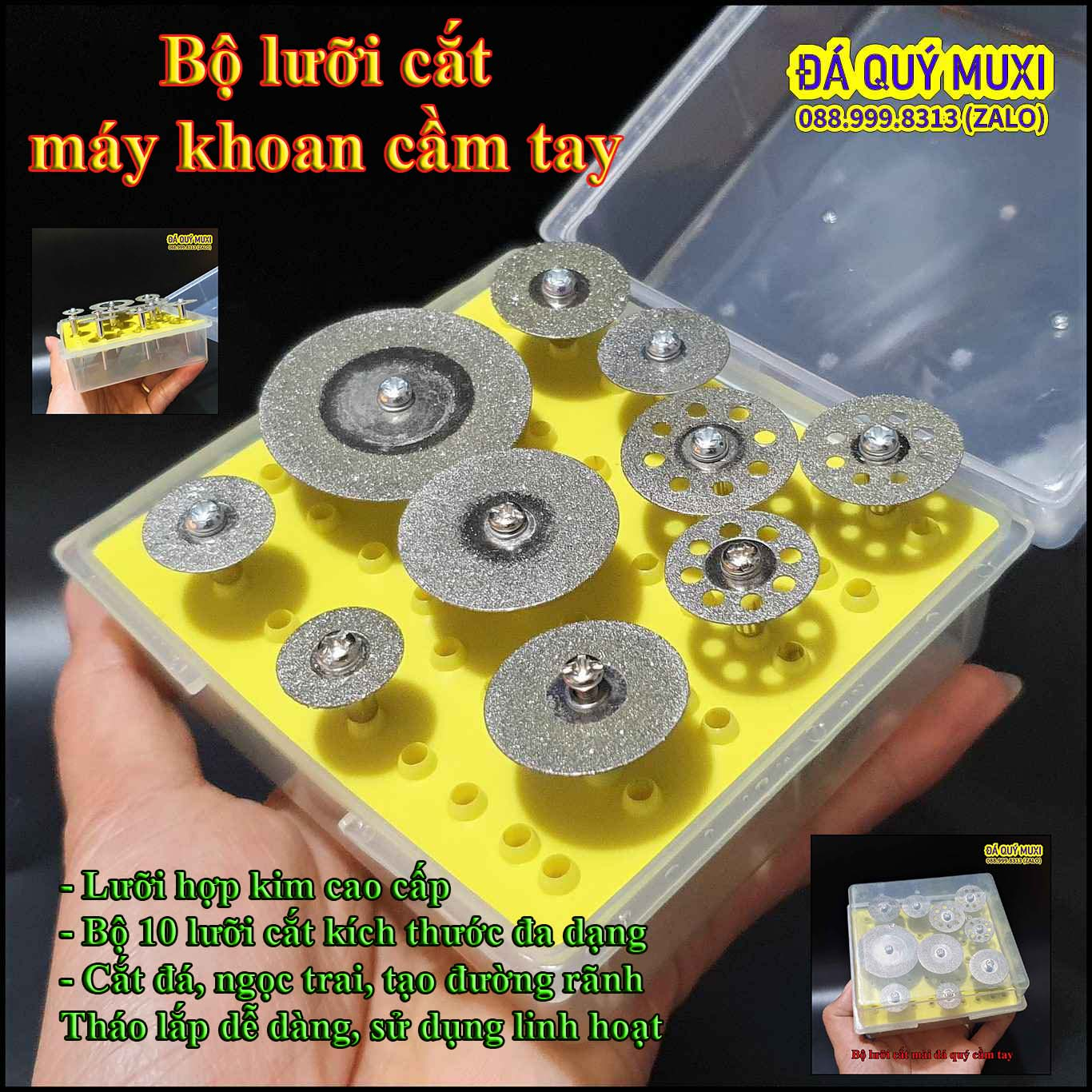 Bộ 10 lưỡi cắt hợp kim cao cấp đầu kim cương cắt đá, ngọc lỗ giữa 3mm cho máy mài khuôn
