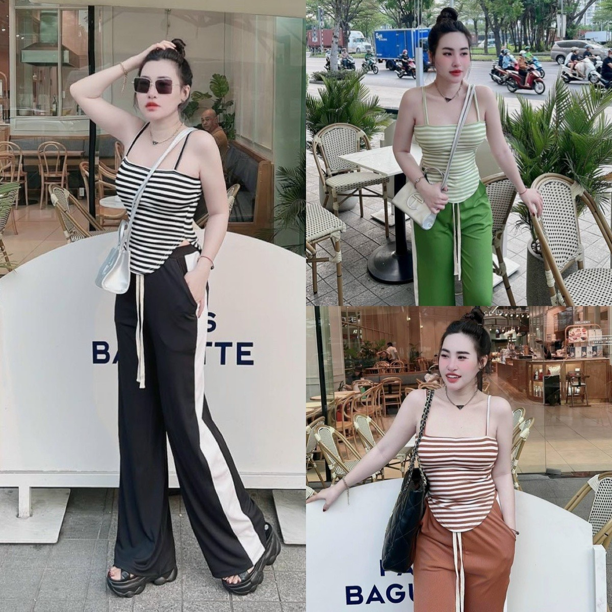 Set bộ đồ nữ áo 2 dây vạt bầu kẻ sọc mix quần dài ống suông xinh xắn dành cho các nàng diện đi chơi hè