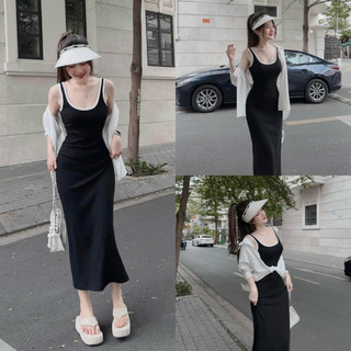 Đầm váy nữ body phối viền trắng đen mix áo khoác lụa tơ xinh xắn dành cho các nàng diện đi chơi, du lịch