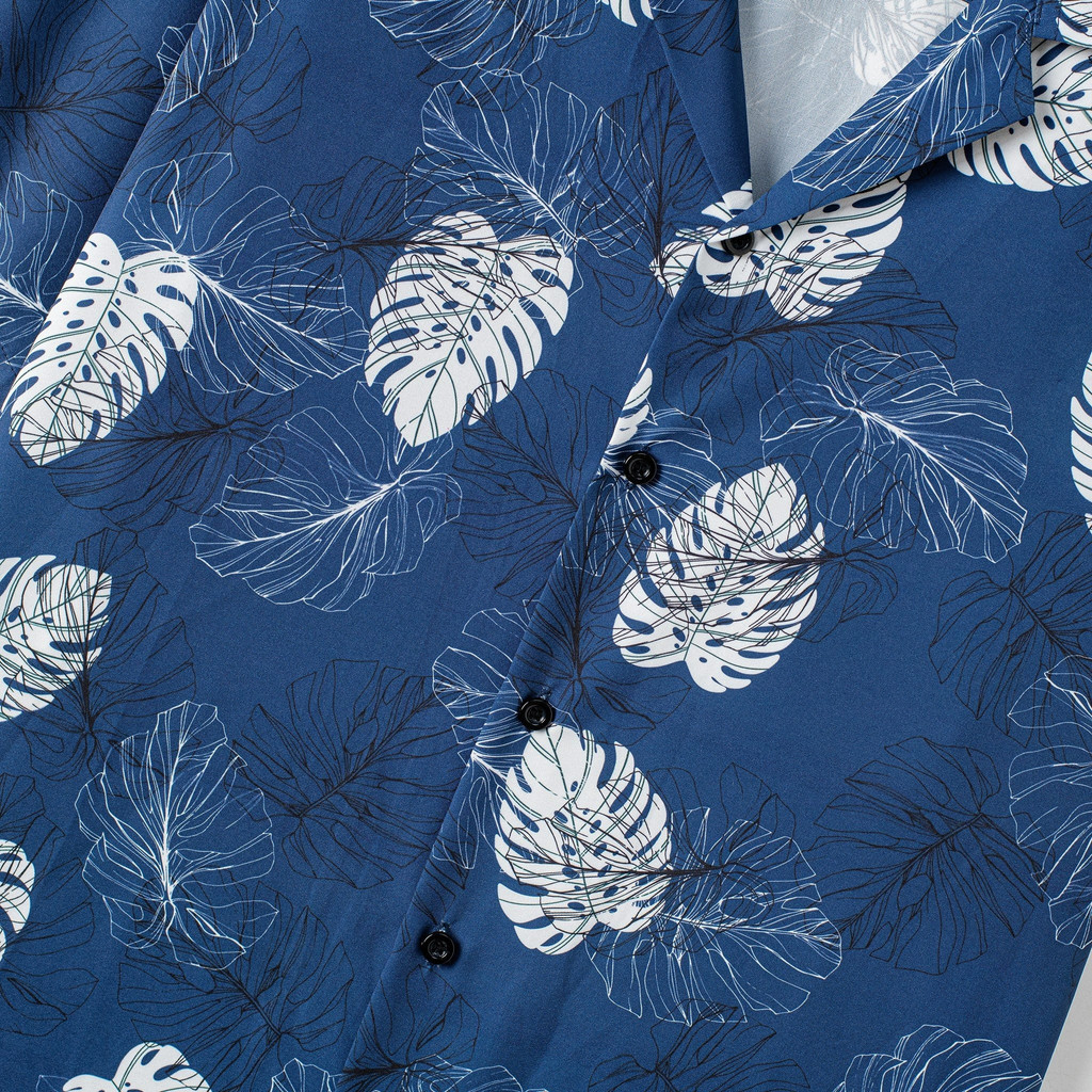 Áo sơ mi TOPGU navy họa tiết lá trắng, Áo sơ mi Cuban shirt vải lụa thoáng mát không nhăn, form regular