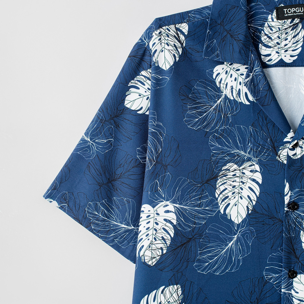 Áo sơ mi TOPGU navy họa tiết lá trắng, Áo sơ mi Cuban shirt vải lụa thoáng mát không nhăn, form regular